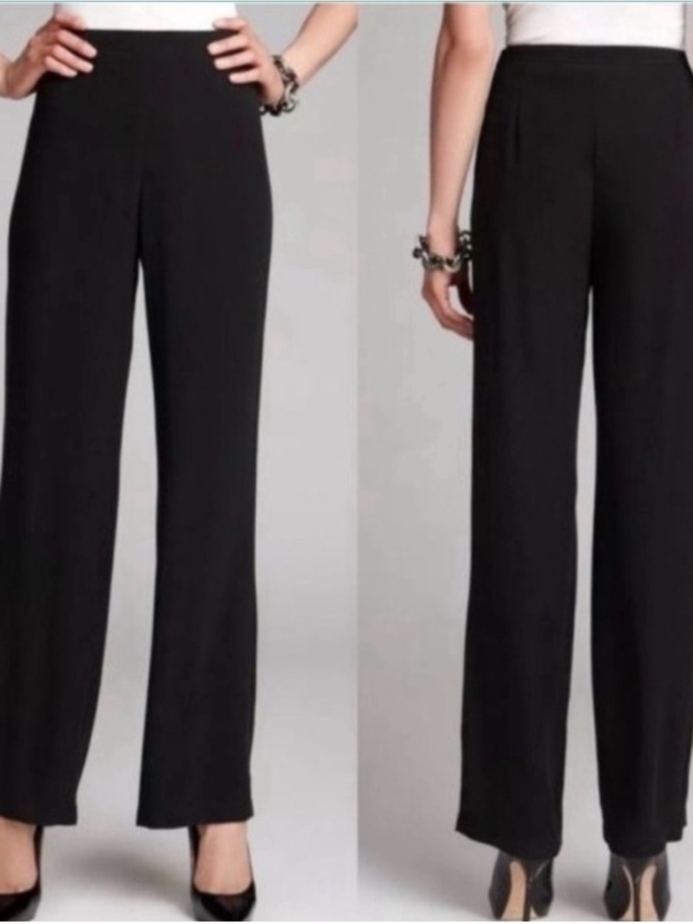 Eileen Fisher 100% Silk Crepe  Side Zip Trouser Pants Black SZ S